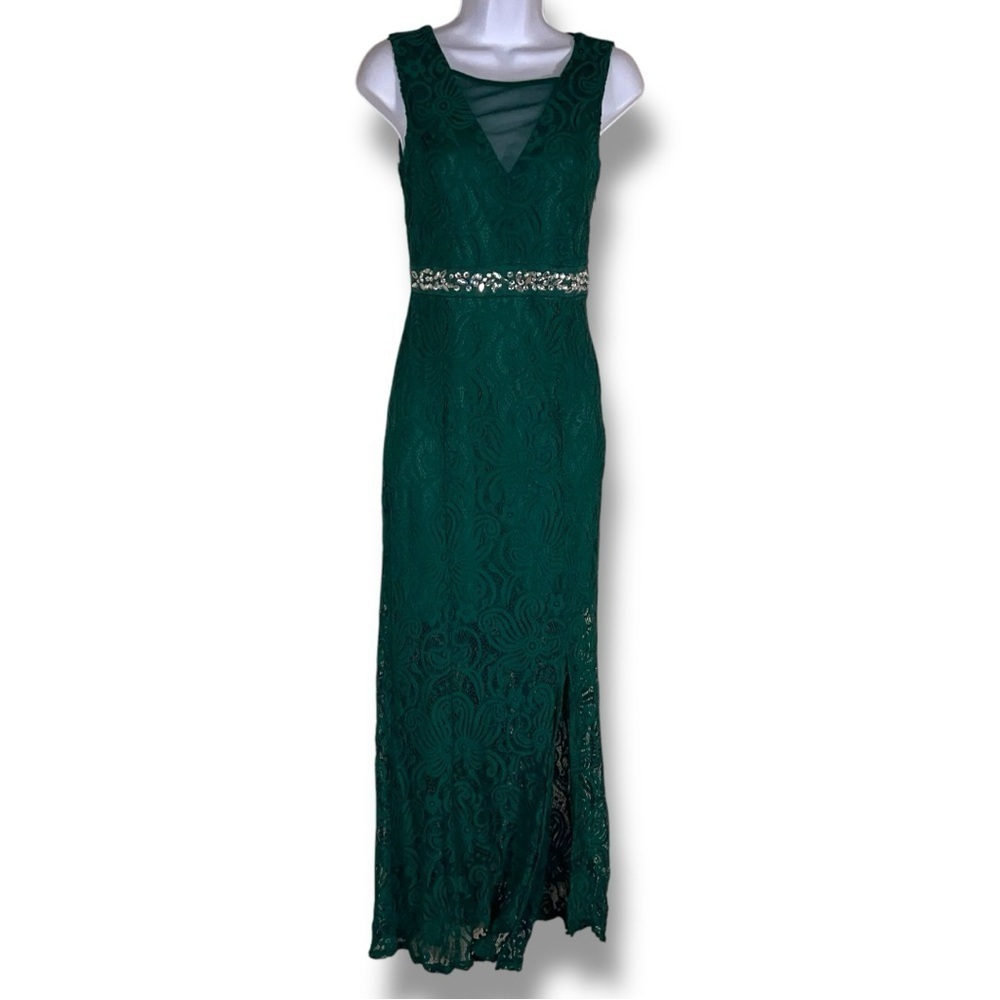 Size 4 En Focus Studio Green Lace Formal Dress Maxi Rhinestone Accent Event